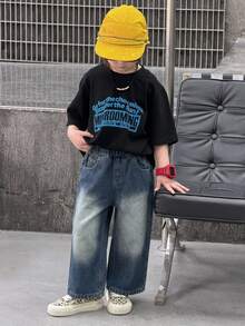 DAZY 小男孩口袋保暖內裡寬腿寬鬆休閒牛仔長褲 - 深色水洗藍 - 查看 2