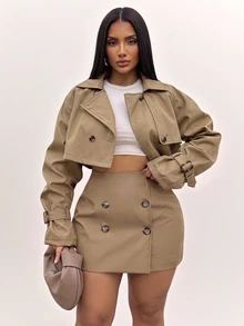 Radiana Áo khoác trench dáng ngắn cài cúc cho nữ size lớn, phong cách dạo phố, dự tiệc và du lịch - màu nâu - Xem 3