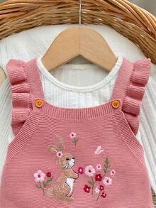 Cozy Pixies 女嬰針織連身褲，刺繡兔子與花卉圖案，秋冬長褲 - 藕粉色 - 查看 5