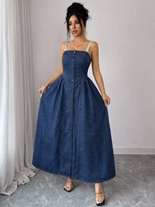 Rivivi Women's Shoulder Knot Single-Breasted Fashion Denim Dress - Dark Wash - View 3