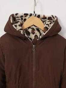 SHEIN Vintaside Kids 少女長袖可愛梭織布料連帽收腰夾克，拼色粉色抓絨內裡，寬鬆版型，適合校園與校外冬季穿著 - 咖啡棕 - 查看 3
