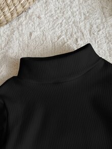 SHEIN 女嬰休閒百搭針織保暖內裡高領套頭上衣，秋季百搭上衣 - 黑色 - 查看 5