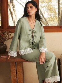Lullawish Women's Bohemian Casual Vacation Romantic Pajama Set - Green - View 6