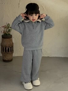 Dazy Kids Infant (Girl) Contrast Color Lapel Long Sleeve Korean Style 2 Pieces Sweatshirt Set - Grey - View 6