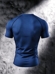 Gym Rark 男士彈性時尚 Logo 運動 T 恤，萬聖節禮物，健身運動黑色與銀色夏季運動休閒風 - 寶藍色 - 查看 2