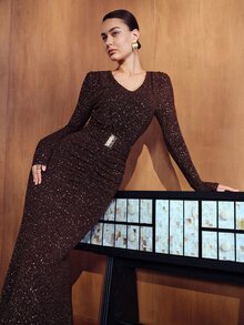 MOTF PREMIUM WOMEN'S LUXURY SEQUIN V-NECK FISHTAIL HEM DRESS - Rust Brown - View 7