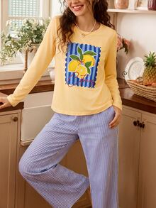 Tulorae Women's Pastoral Farm Lemon Print Round Neck Long Sleeve Woven Pants Pajama Set - Yellow - View 2
