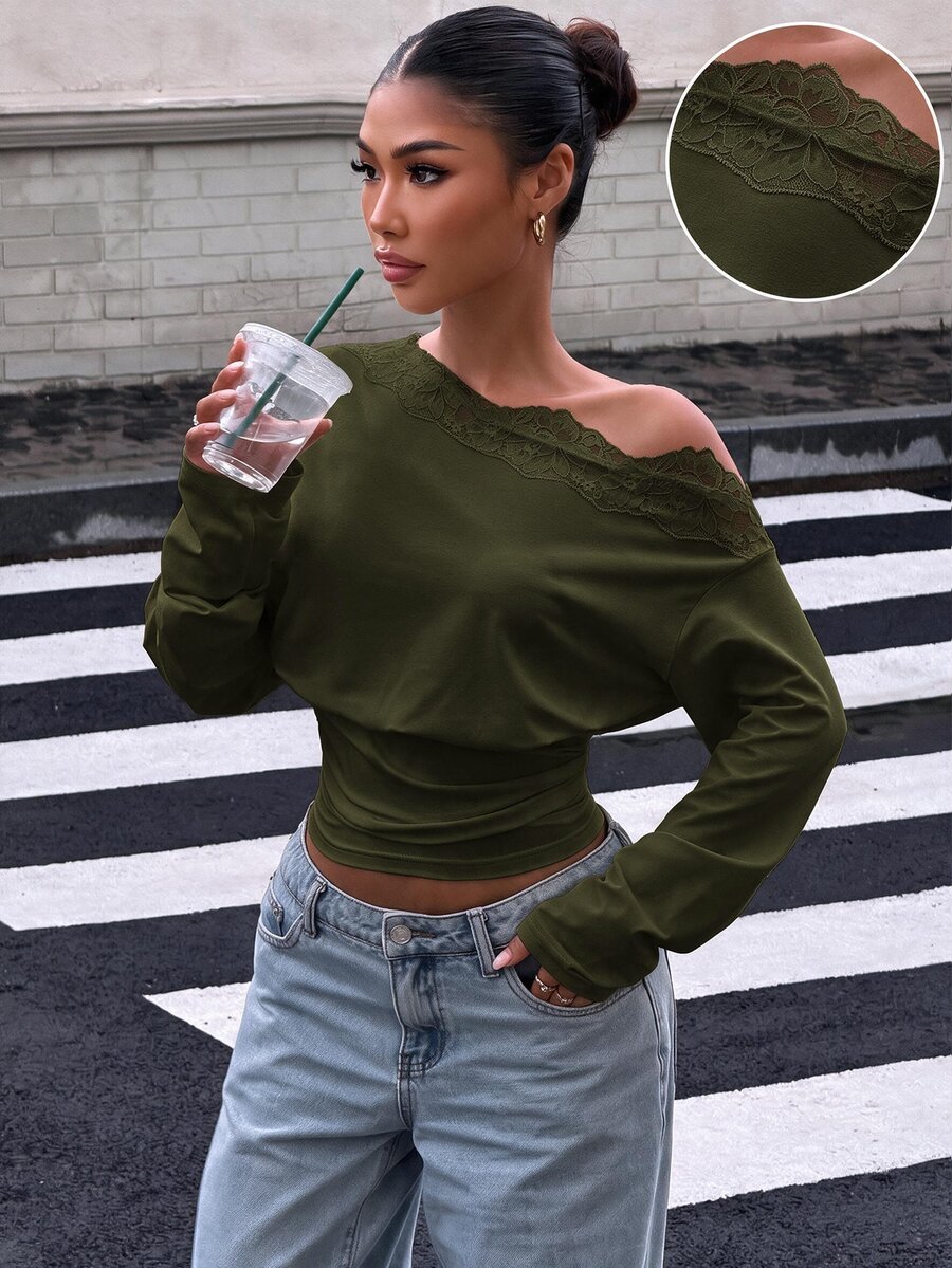 Muchica Women's Contrast Lace Asymmetric Shoulder Long Sleeve Fashion T-Shirt - Army Green - View 1