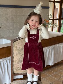DAZY Infant/Toddler (Girl) Korean Style Solid Color Layered Pinafore Dress - Red - View 7