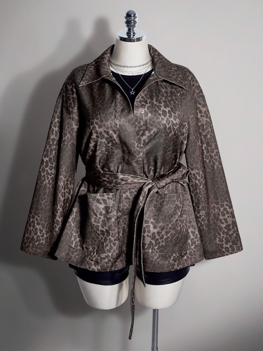 SHEIN ICON Women's Plus Size Leopard Print Lapel Collar Jacket - Brown - View 1