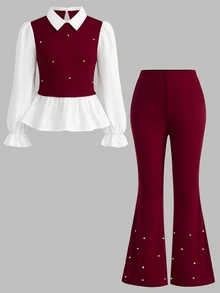 SHEIN Tween Girls Red Colorblock Polo Collar 2-Piece Set, Winter Autumn Back To School Formal Occasion Daily Comfortable Versatile - Red - View 11