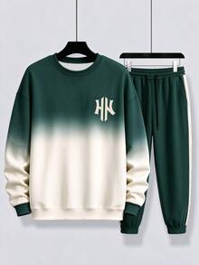HypeHours 秋季男士綠色與白色漸層長袖運動衫2件套，青少年極簡HN Logo休閒運動套裝 - 彩色 - 查看 3