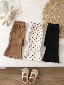 SHEIN 3件組幼女喇叭褲 可愛甜美優雅 卡其色 白色 黑色 波點 羅紋針織 荷葉邊 生日派對 冬季 Navidad 聖誕節 修身款 - 彩色 - 查看 8