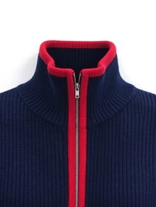 SHEIN Women's Colorblock Casual Versatile Daily Wear Cardigan - Navy Blue - View 7