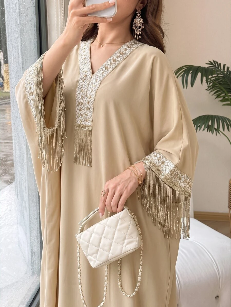 Yasmyna V-Neck Floral Ribbon Sequin Tassel Embellished Light Pink Arabian Dress Wedding Fringe Dress Fall/Winter Christening Guest Formal Modest Elegant - Apricot - View 1