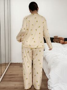 Napfluff CURVE Napfluff CURVE Romantic Pastoral Style Lemon Striped Print Long Sleeve Pants Plus Size Pajama Set - Yellow - View 2
