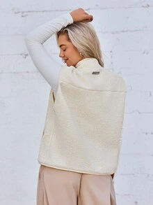 Voyena Plus Size Women's Fleece Sleeveless Jacket, Sports Padded Coat With Pockets - Beige - View 2