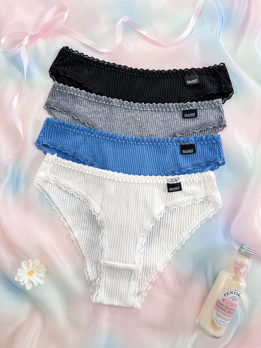 Eraneu 4pcs Casual Comfortable Girls Lace Trim Triangle Panties Set - Multicolor - View 1
