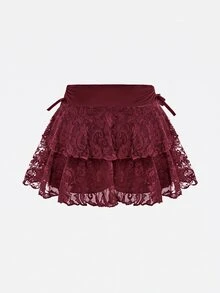 SHEIN Girlism 時尚紅色短款大女孩裙，圖案蕾絲裝飾與荷葉邊設計，內含短褲，秋冬款 - 酒紅色 - 查看 2
