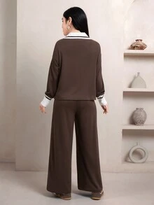 Veilorie Women's Colorblock Long Sleeve Top And Pants Casual Daily 2 Pieces Set - Brown - View 2