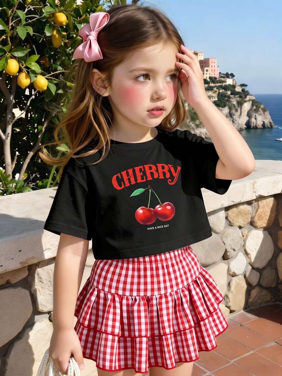 SHEIN Girls' Cherry Print Set, White Short Sleeve Top And Red Gingham Ruffle Skirt, Summer, Matching Outfits For Young Girls Family Vacation, Sweet 2Pcs Clothes Set - Multicolor - View 1
