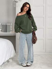 SHEIN EZwear 女款深棕色寬鬆保暖內裡不對稱肩領衛衣，秋冬早午餐休閒穿搭 - 軍綠色 - 查看 5