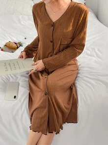 Napfluff Women's Solid Color V-Neck Casual Daily Home Sleep Dress - Brown - View 6