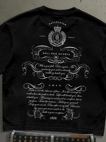 StoneGrade American Vintage English Typography Fashion Print Pattern Men's Black Standard Size Cropped Loose Fit Short Sleeve T-Shirt - Black - View 2