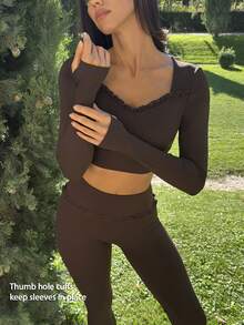Fluxe Women's Cropped Long Sleeve Sports T-Shirt For Fitness And Tennis - Coffee Brown - View 9