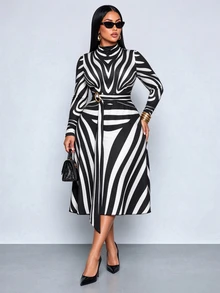 SOLERSUN Plus Size Women's Elegant Autumn Commute Zebra Stripe A-Line Skirt With Waist Wrap And Metal Buckle Belt - Black and White - View 2