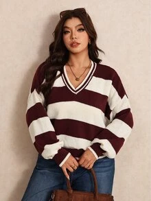 Elaquor Plus Size Women's Striped V-Neck Drop Shoulder Long Sleeve Casual Pullover Sweater Christmas - Red and White - View 5