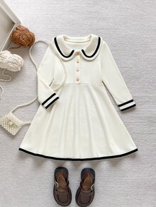 PrepCrw Young Girl Cute Button Half-Placket Peter Pan Collar Dress - White - View 3