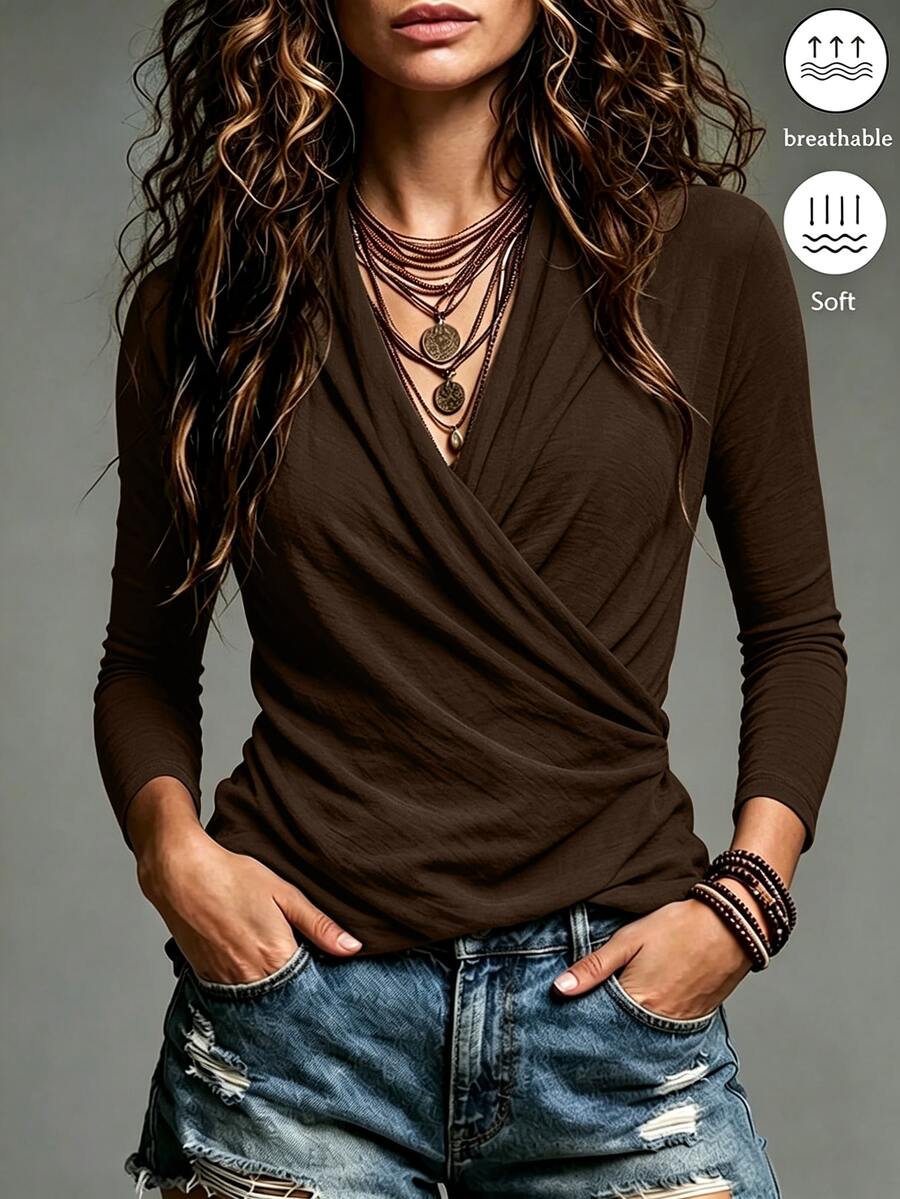 Flirla Plus Size Brown Chic Ruched Criss-Cross V-Neck Long Sleeve T-Shirt - Brown - View 1