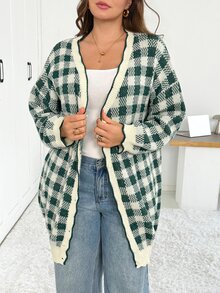 Shapeblank Women's Plus-Size Fall/Winter Fashionable, Casual, Loose, And Comfortable Green Plaid Long-Sleeve Mid-Length Knitted Cardigan For Daily Wear,Christmas - Green - View 4