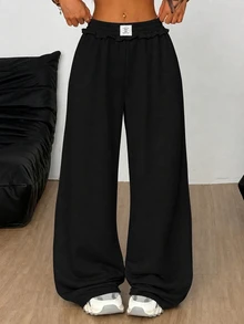 SHEIN 青少年女孩灰色大尺寸運動褲，冬季寬鬆休閒極簡舒適中腰對比色抽繩裝飾褲，四季皆宜 - 黑色 - 查看 2