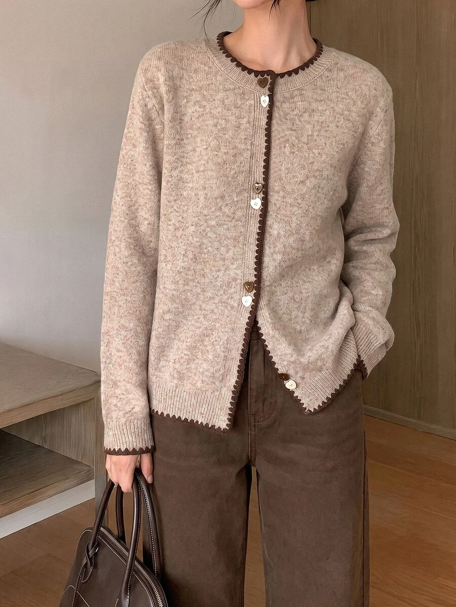 Yumoku Fall/Winter Women's Single-Breasted Long Sleeve Knit Cardigan Brunch Tea Party French Elegant Cardigan For Women - Khaki - View 1