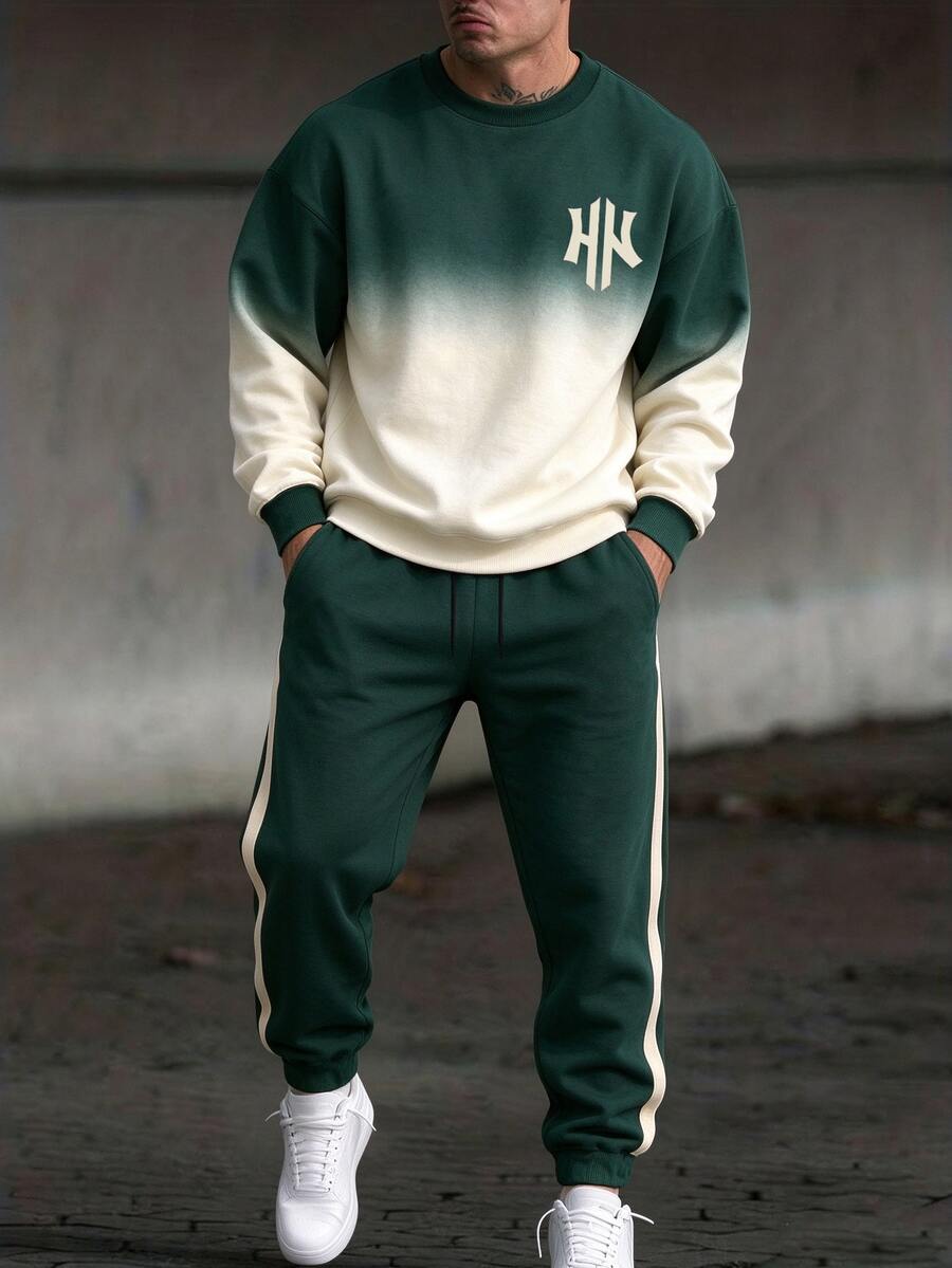 HypeHours 秋季男士綠色與白色漸層長袖運動衫2件套，青少年極簡HN Logo休閒運動套裝 - 彩色 - 查看 1