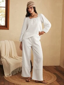 Lullawish Bohemian Hollow Lace Patchwork White Woven Women's Pajama Set - White - View 6