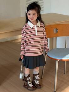Dazy Kids Young Girl Striped Polo Collar Long Sleeve Casual T-Shirt - Pink - View 6