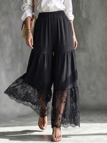 Ceyna Women's Plus Size Casual Minimalist Loose Hem Lace Patchwork Design Commute Versatile Clothing Daily Wear Women's Long Pants Summer Outfit - Black - View 1