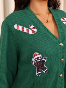 Elaquor Plus Size Appliqué Sequin Button Knit Cardigan Christmas - Green - View 7