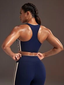 Powerista Áo ngực thể thao dạng chui đầu nữ màu xanh navy phối kem, 3 sọc, đệm tháo rời, lưng racerback - Màu xanh hải quân - Xem 7