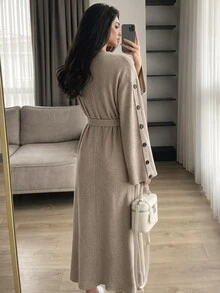 Solavon Women's Solid Color Waist Tie Casual Party Summer Long Dress - Khaki - View 2