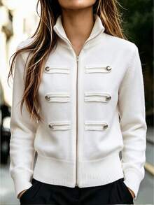 Trelyra Women's Double-Breasted Zipper Long Sleeve Knit Cardigan - White - View 6
