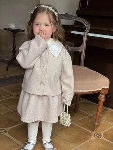 Dazy Kids Bộ áo cardigan cài nút ren và chân váy cho bé gái - Đỏ - Xem 5