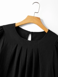 EMERY ROSE Plus Size Vacation Casual Solid Color Textured Petal Sleeve Shirt - Black - View 6