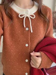 DAZY Girls (Big) Loose Polka Dot Contrast Color Bow Decor Cute Autumn/Winter Sweater Cardigan - Brown - View 3