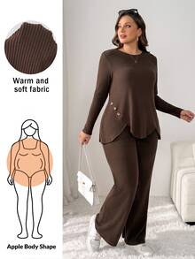 Shapeblank Women's Plus-Size Autumn/Winter Two Pieces Set: Casual Baggy, Comfortable, Everyday Brushed-Fabric Top Asymmetrical Hem Matching Trousers (Brown) Home - Brown - View 1