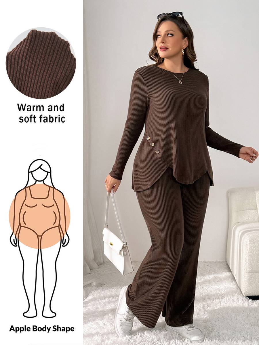 Shapeblank Women's Plus-Size Autumn/Winter Two Pieces Set: Casual Baggy, Comfortable, Everyday Brushed-Fabric Top Asymmetrical Hem Matching Trousers (Brown) Home - Brown - View 1
