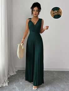 Elenzga 女款春夏優雅通勤黃色V領無袖金屬扣褶皺收腰修身連身褲 - 綠色 - 查看 1